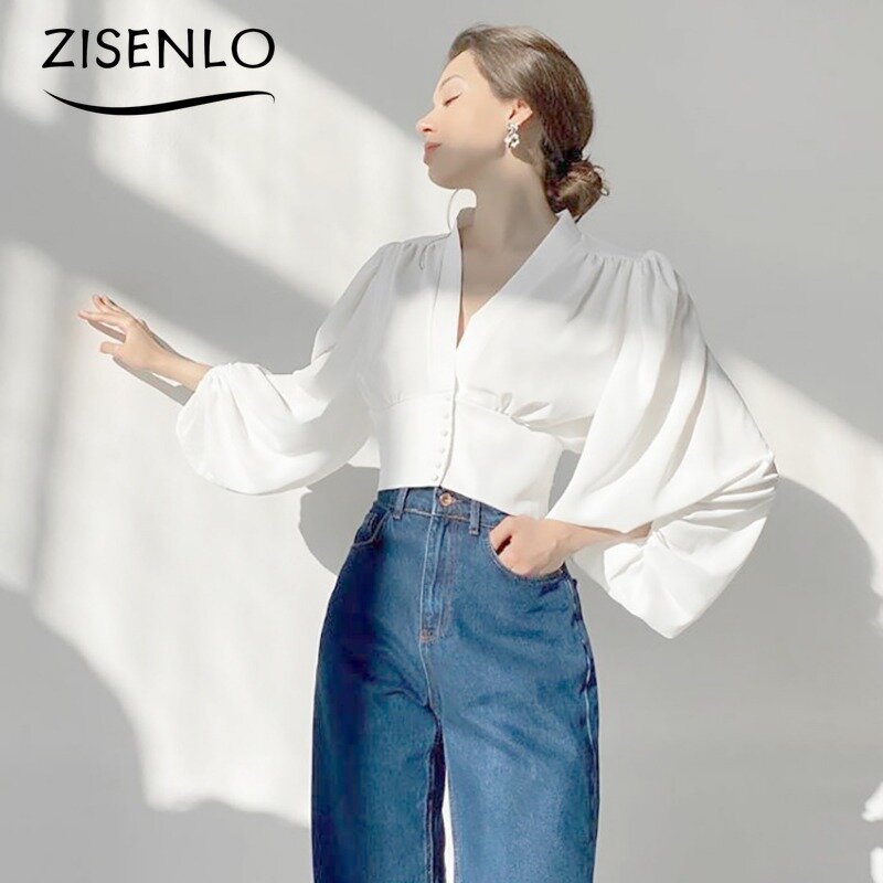 Элегантные рубашки и блузки, осенняя рубашка с V-образным вырезом, темпераментная приталенная рубашка с рукавами-фонариками и длинными рукавами, блузки для женщин, мода 2024