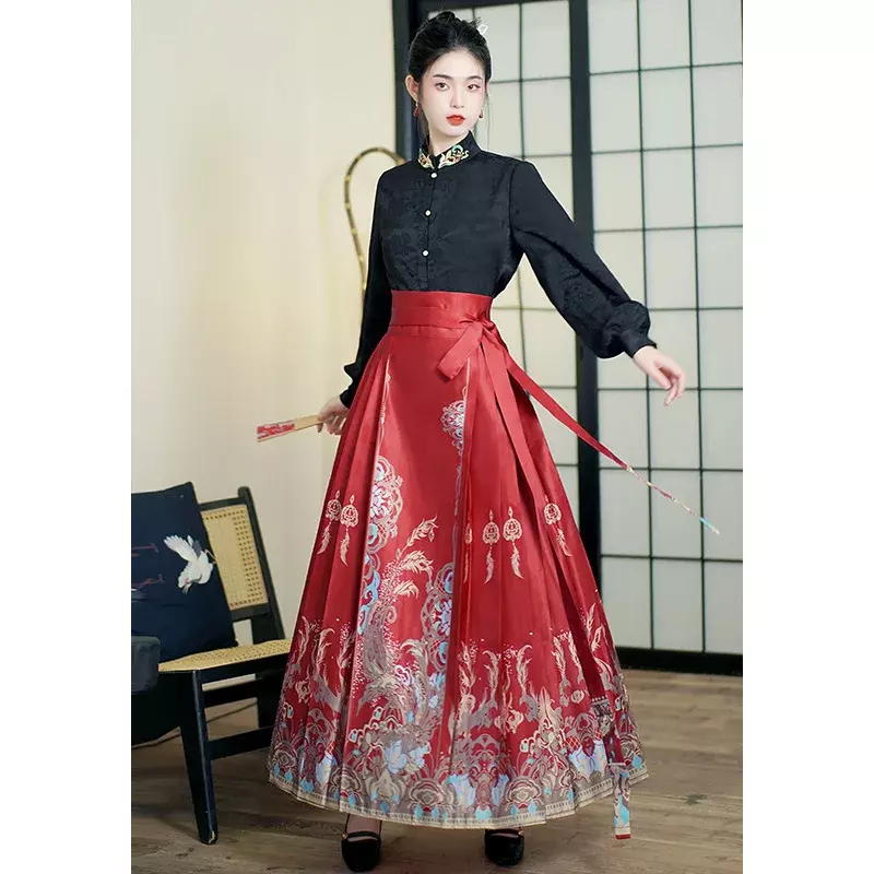 Vestido Hanfu de la dinastía Ming Original para mujer, falda clásica Popular de estilo chino con cara de caballo, longitud de cintura larga, 3 colores