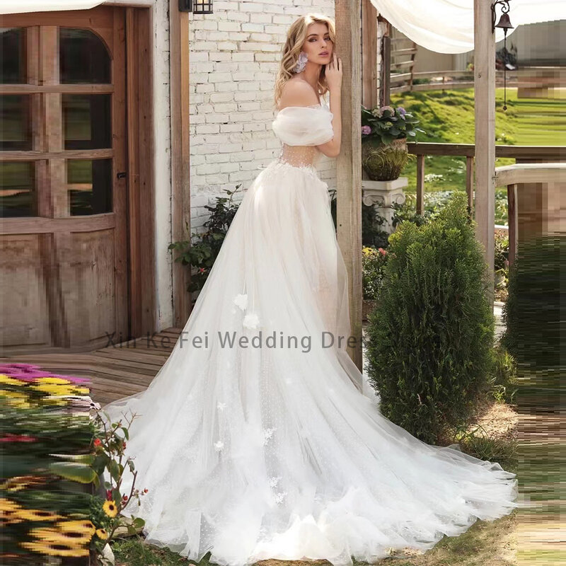 2023 Bohemian Wedding Dresses Women's Sexy Deep V-Neck Off Shoulder Removable Bubble Sleeve A-Line Bridal Gowns Tulle Decal Robe