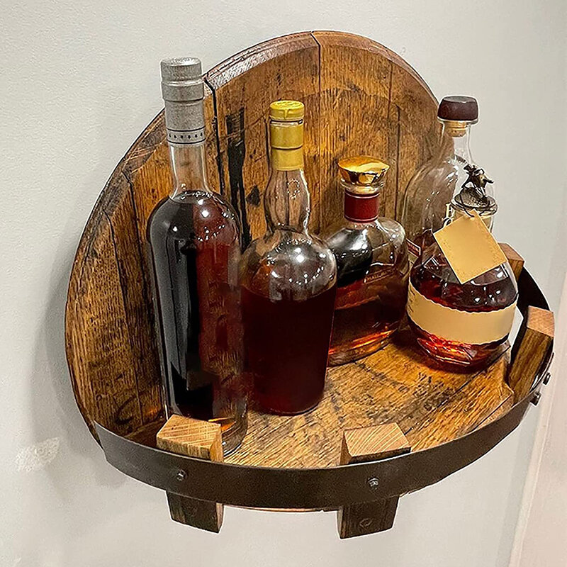 Bar Vintage Wooden Wine Bottle Holder Round Shelf Wall Display Decor Rack Wall Mount Whiskey Wine Bottle Shelves Floating Shelve