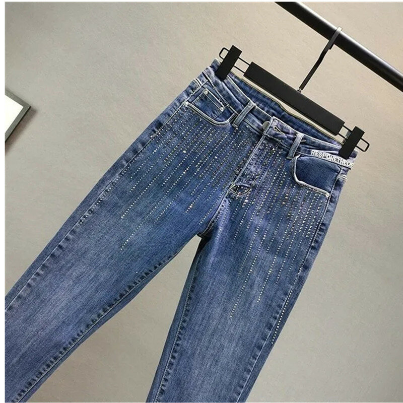 Elastic Retro Jeans Women 2024 Summer New Slim Tight Hot Diamond Denim Pants Female Casual Leggings Skinny Jean Trousers