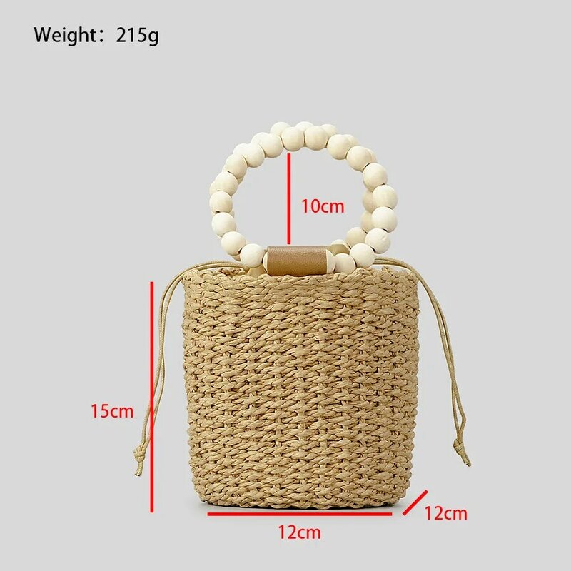2024 New Women Straw Woven Tote Summer Beach Wooden Bead Bag Handbag Fashion Summer Beach Holiday Woven Bucket Purses Messenger