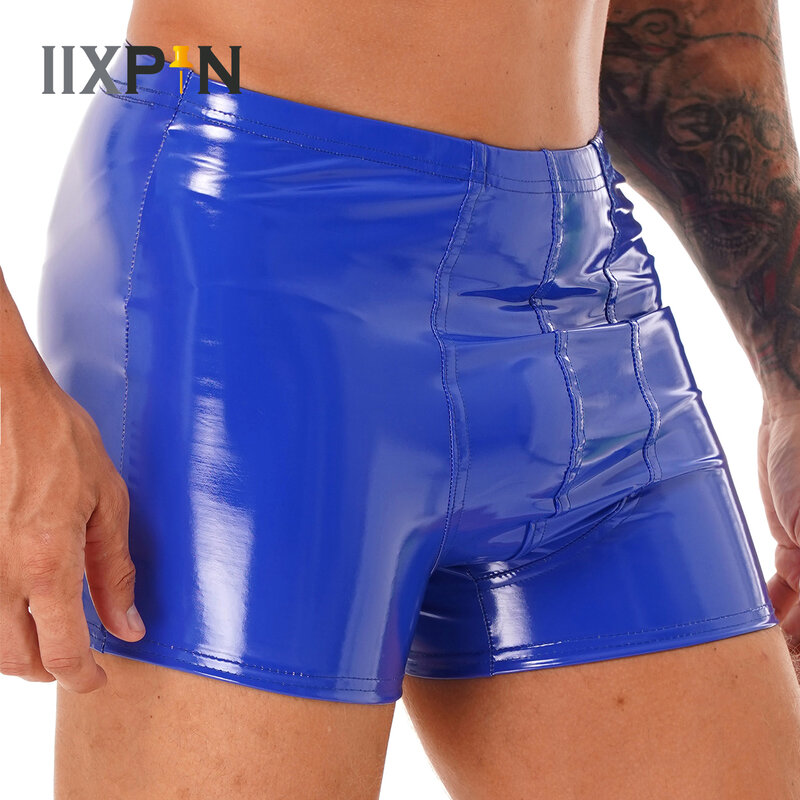 Mens Boxers Brief Wet Look Patent Leather Shorts Bulge Pouch Hot Pants Bottoms Pole Dancing Nightclub Costumes Swimwear