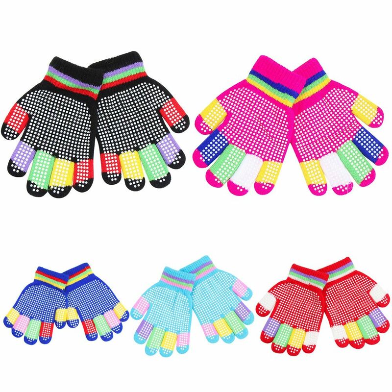 Цветные акриловые Детские аксессуары, Нескользящие варежки на весь палец, зимние перчатки, вязаные перчатки для фото