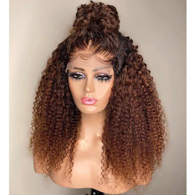 Wig depan renda panjang 26 "Ombre pirang lembut Kinky Curly180Density untuk wanita hitam rambut tanpa lem awet tahan panas harian