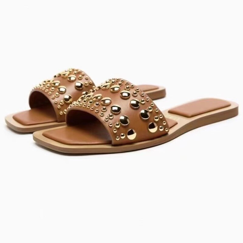 TRAF Women Fashion Brown Slipper Chic Rivet Squared Open Toes Flats Sandals Woman's Sexy Slingbacks Beach Sandals