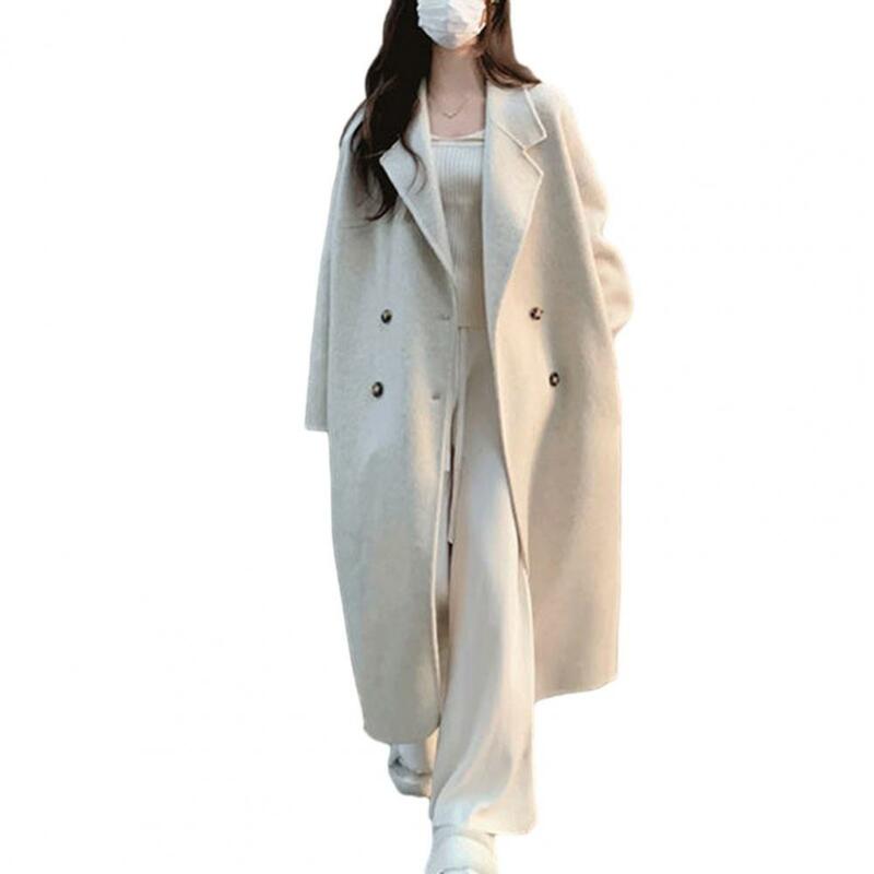 Women Fall Winter Overcoat Loose Lapel Thickened Windproof Jacket Warm Double-breasted Lady Mid Length Trench Coat