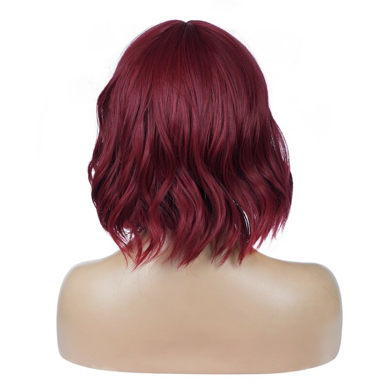 Claret Short Bob Wigs With Thin Bangs For Women Cosplay Colorful Wigs Shoulder Length Curled Wigs Loose Wave Short Wig