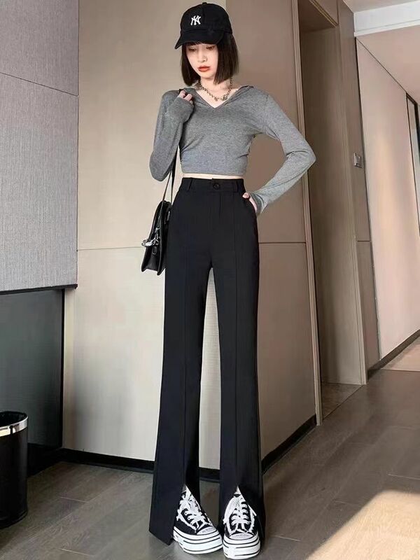 Split Flared Pants Women's Spring and Summer Lightweight High Waist Black Flared Trousers Casual Office Lady Suit Pants