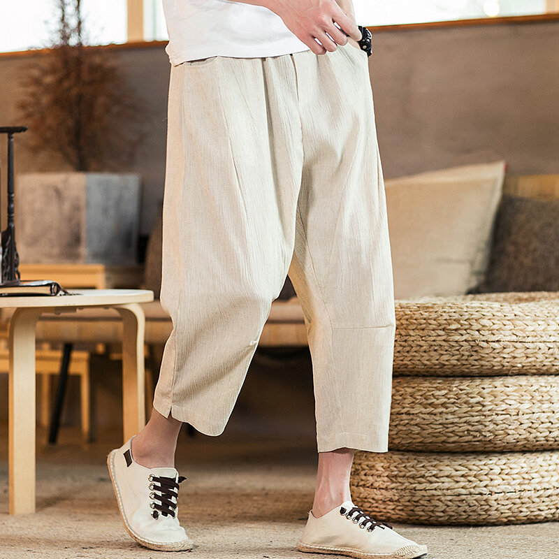 Pantalones bombachos de algodón y lino para hombre, ropa de calle informal, holgada, estilo Harajuku, primavera y verano, novedad