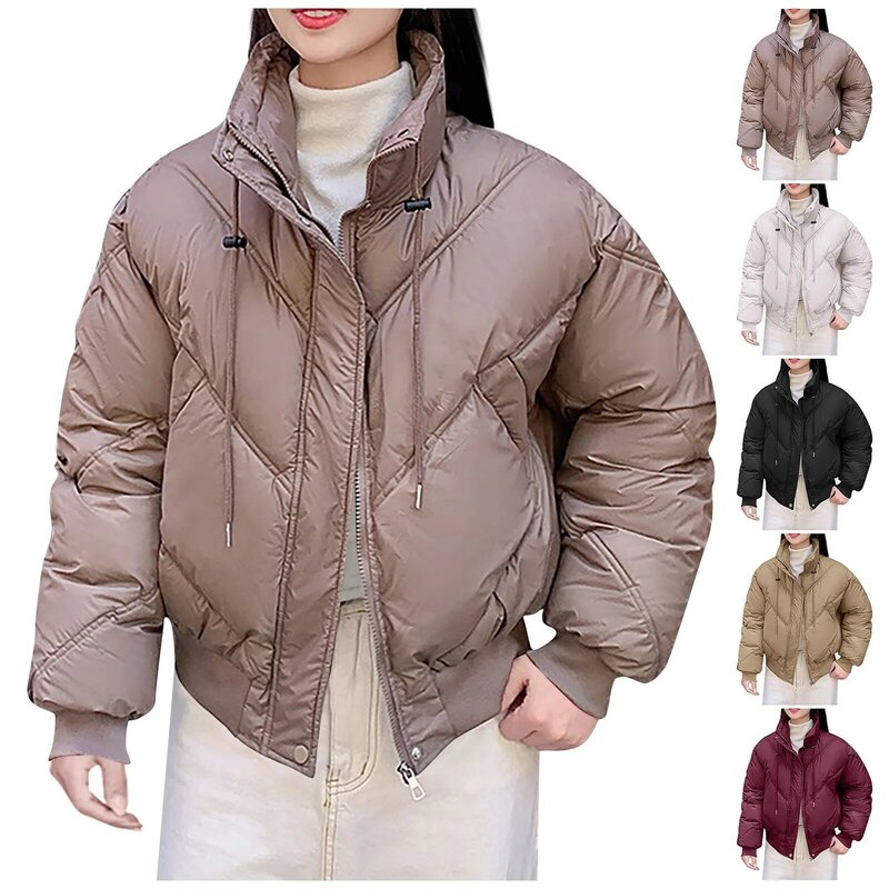 Manteau court en coton avec fermeture éclair pour femme, parka à capuche pour femme, veste monochrome avec grande poche et bouton, manteau d'automne et d'hiver