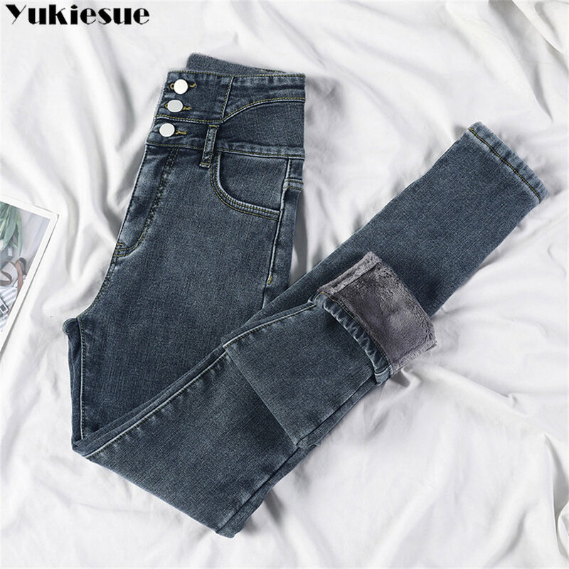 2022 Зимние Модные теплые женские джинсы в Корейском стиле с высокой талией, облегающие винтажные повседневные Бархатные женские брюки, джинсовые брюки, уличная одежда