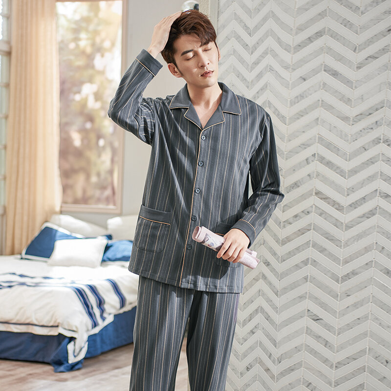 New Autumn Pyjamas Men Full Pure Cotton Pajama Sets Striped Print Pijama Hombre Big Yards M-3XL Casual Tracksuit Home Clothes