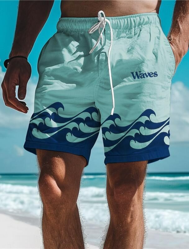 Waves Men's Resort 3D Printed Board Shorts Swim Trunks Elastic Waist Drawstring Hawaiian Beach Style Letter Design Shorts