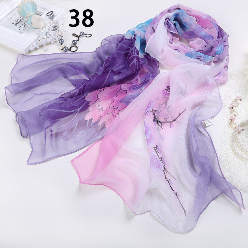 Druk kwiatowy jedwabny szal damski letni szale plażowe damski dopasowany długi miękki szalik hidżabu z filtrem przeciwsłonecznym