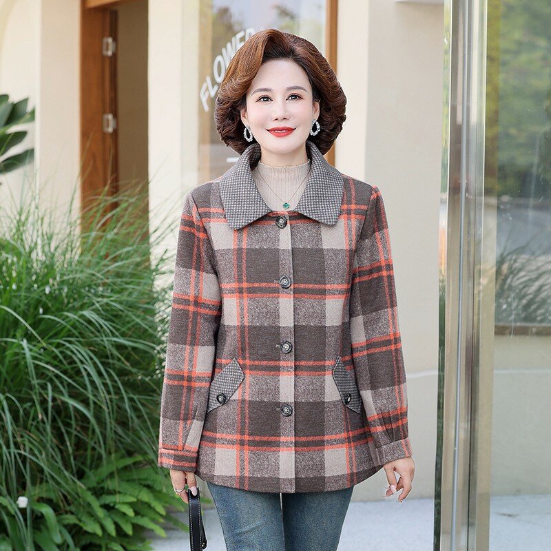 Manteau en laine mince pour femmes, pardessus court, haut à carreaux, mode coréenne, femme d'âge moyen, automne, hiver, nouveau