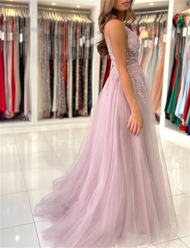 Sequins Blue Tulle Prom Dress A-Line Spaghetti Strap Sexy V-Neck Side Split Vestido De Novia Deep Sleeveless 2023 Prom Gown