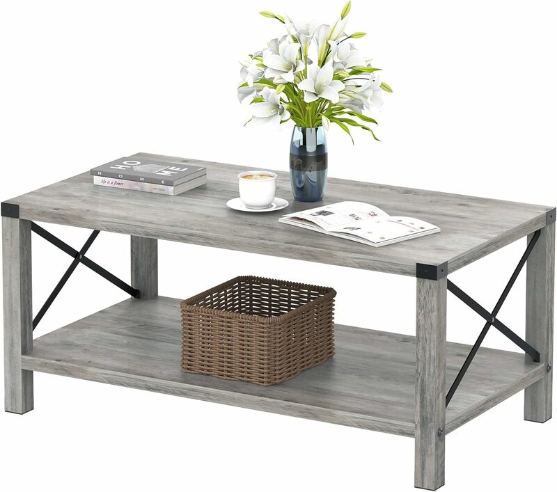 Table basse rectangulaire à 2 niveaux avec étagère de rangement, table basse de ferme, aspect bois industriel, table à thé grise, salon