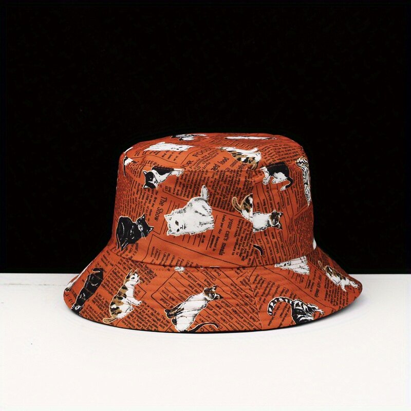 Chapéu de pescador reversível com impressão de jornal gato para homens e mulheres, proteção solar, respirável, para esportes de verão, caminhadas, bob