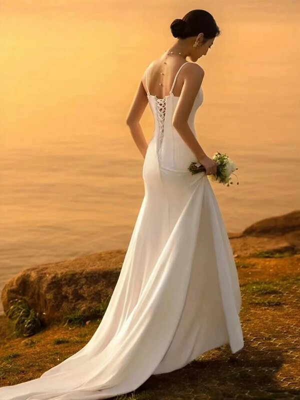 Gaun pernikahan tanpa punggung 2024 gaun pengantin putri duyung belahan samping kerah v gaun pengantin kasual gaun pengantin Robe de Mariee Vestidos de Novia