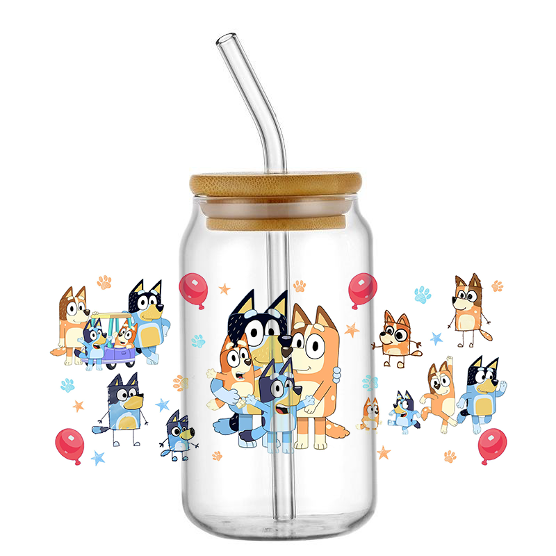 UV DTF Cup Wrap Transfers 16oz Cartoon Dog Sticker decalcomanie UV DTF Cup Wraps trasferimenti per bicchieri di vetro