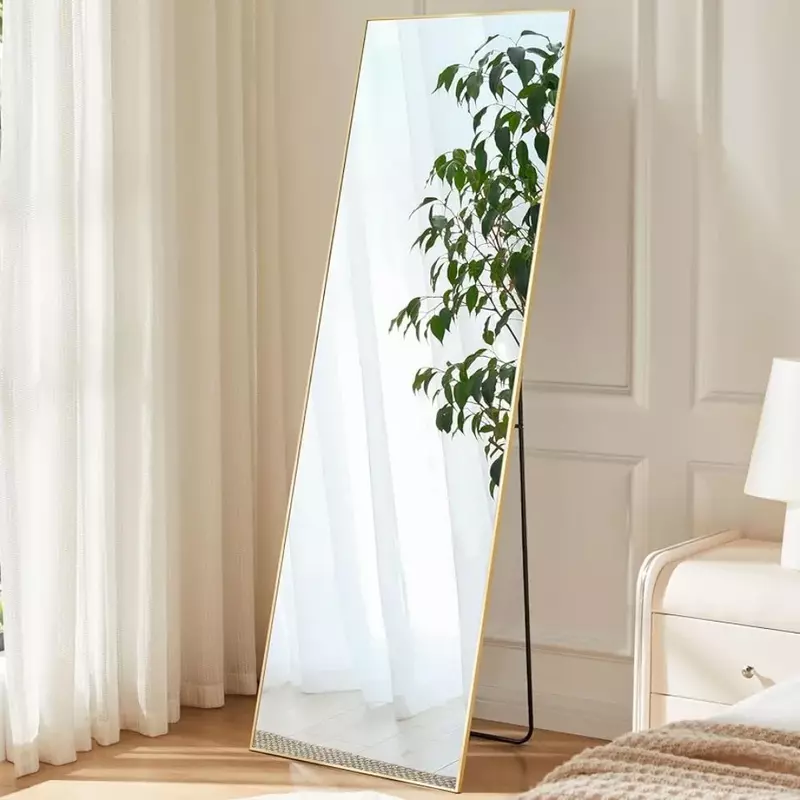 مرآة قائمة بطول كامل مع إطار رفيع من سبائك الألومنيوم ، أرضية معلقة أو ثابتة ، غرفة معيشة ذهبية لغرفة المعيشة ، 59 × 16 بوصة