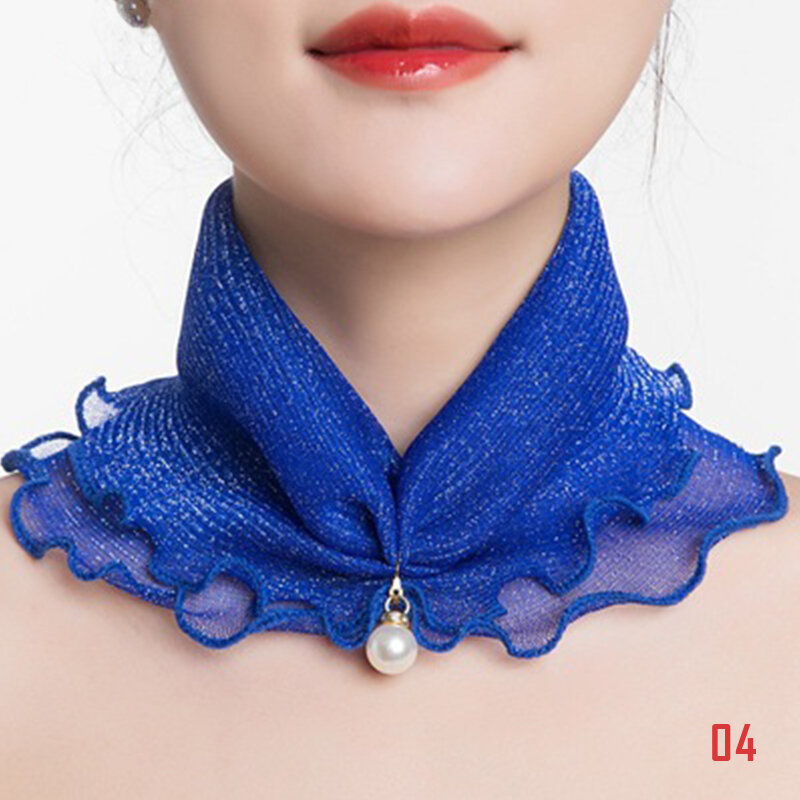 Bufanda de malla que combina con todo para mujer, cubierta de cuello con colgante de perla falsa pequeña, protección solar, babero de gasa, bufanda fina de encaje de Color puro