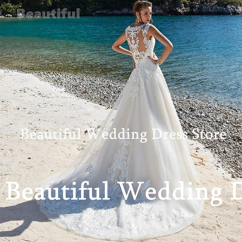 New Beach Lace Appliques Wedding Dress O-Neck Sleeveless A-Line Tulle Floor-Length Vestidos de novia 2024 Women Bridal Gown