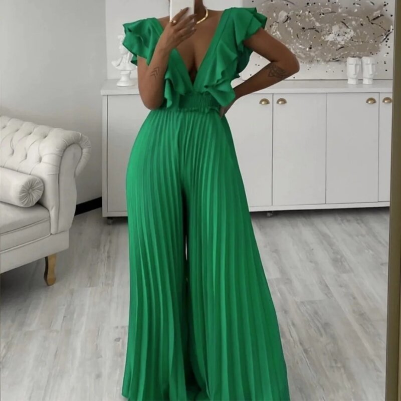 Elegant Pleated Jumpsuits & Rompers for Women V Neck Ruffles High Waisted Loose Floor Length Luxury Female Birthday Party Romper