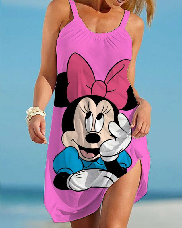 Disney Minnie Mickey Summer Women Beach Dress Sexy Swimsuit Female Beach Cover-Ups Wrap Towel Open Back Sling Mini Beach Dresses