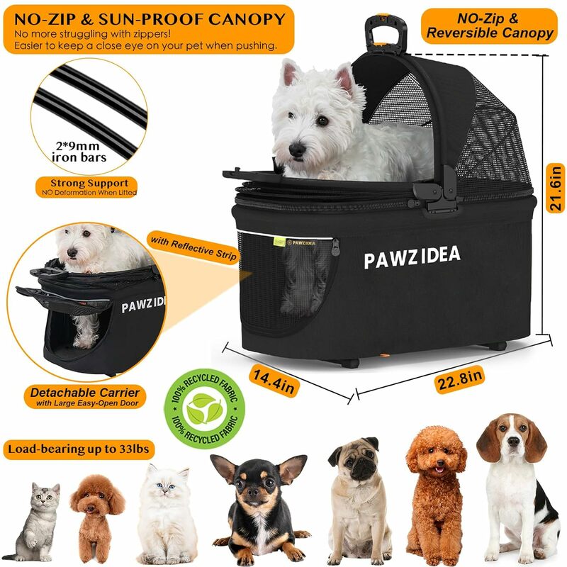 PAWZIDEA Pet Stroller 4 in 1 Dog Strollers for Small/Medium Dogs/Cats with Detachable Carrier NO-Zip Canopy Seatbelt Puppy Car