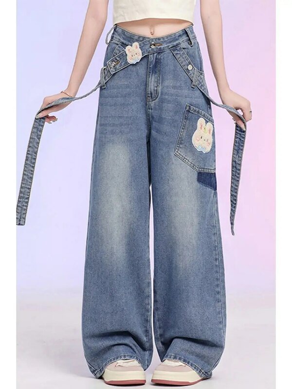 American Ribbon Jeans Cute Bear Niche Women High-Waisted Loose Straight Casual Wide-Leg Floor-Length Ins Girls Denim Pants