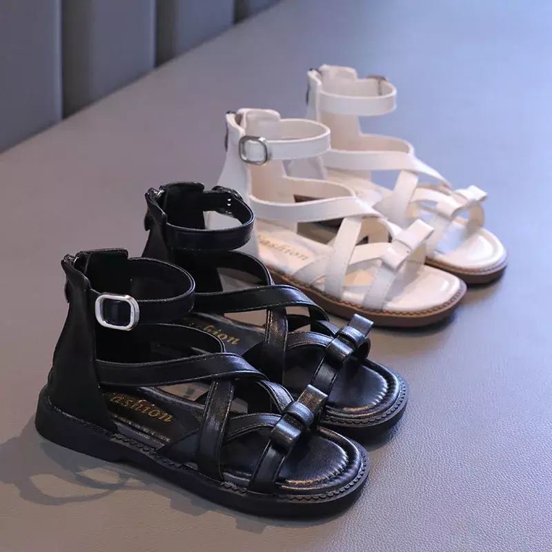 Girls Gladiator Sandals Summer Children's Princess Causal Open-toe Sandals Fashion Beige Black Kids High-top Roman Sandals Zip