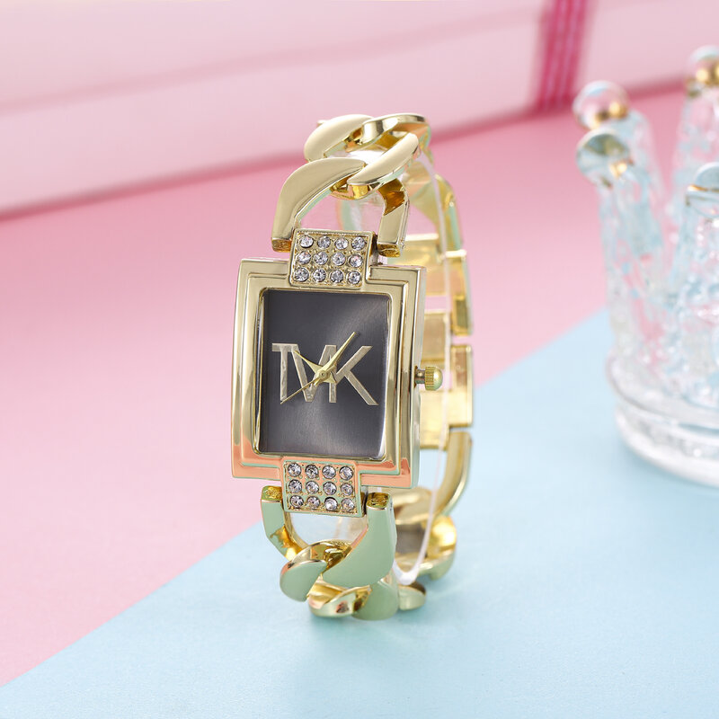 Роскошные новые женские часы TVK, модные женские кварцевые часы с металлическим ремешком и квадратным циферблатом