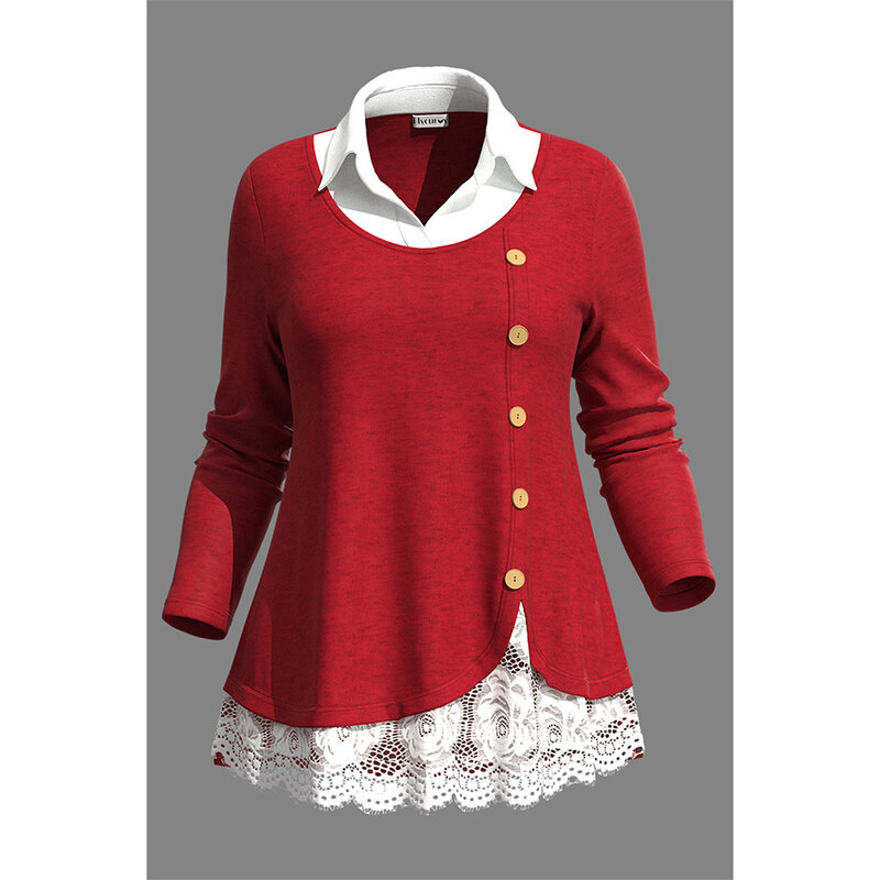 Plus Size Casual Red Lace Stitching Single Breasted Shirt Collar Blouse