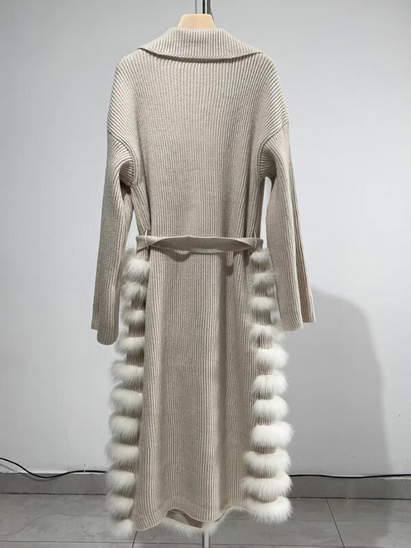 Женский Длинный свитер с поясом из натурального Лисьего меха