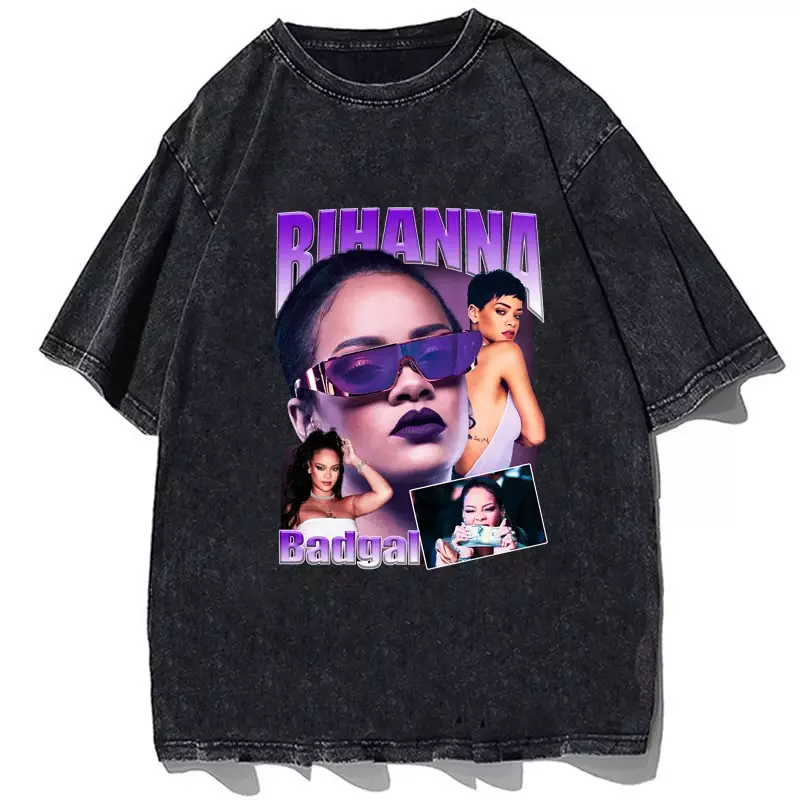 Camiseta con estampado de cantante de Hip Hop Rihanna para hombre, Camisa de algodón Vintage con cuello redondo, ropa de calle informal de gran tamaño, Tops de verano