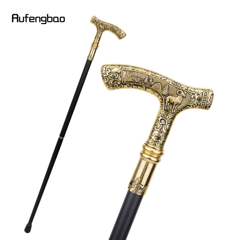 Gold Luxury Goat Handle Walking Stick with Hidden Plate Self Defense Fashion Cane Plate Cosplay Crosier Stick 90cm