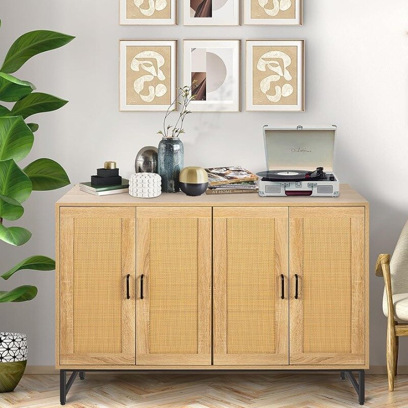 SULIVES 47.2" Accent Storage Cabinet with Handmade Natural Rattan Doors,Buffet Storage Cabinet with Rattan Decorating 4 Doors
