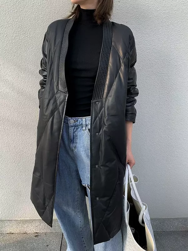 Tajiyane-女性の本革のジャケット,女性のシープスキンジャケット,コート,ロング,2023冬用ベルト