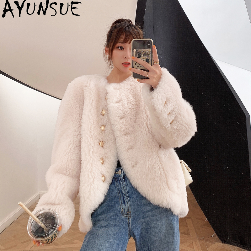 Ayunsue เสื้อแจ็คเก็ตขน100% สำหรับผู้หญิง, เสื้อโค้ทขนสัตว์คอกลมเสื้อโค้ทขนสัตว์2023ฤดูใบไม้ร่วงฤดูหนาว