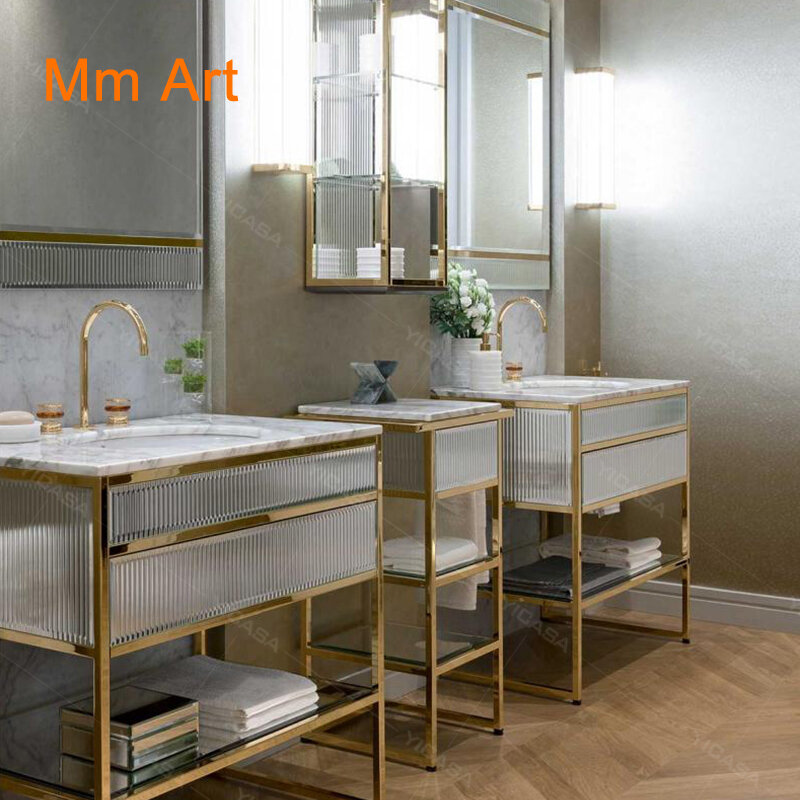 Armario de tocador de baño, mueble lateral de acero inoxidable y Color dorado