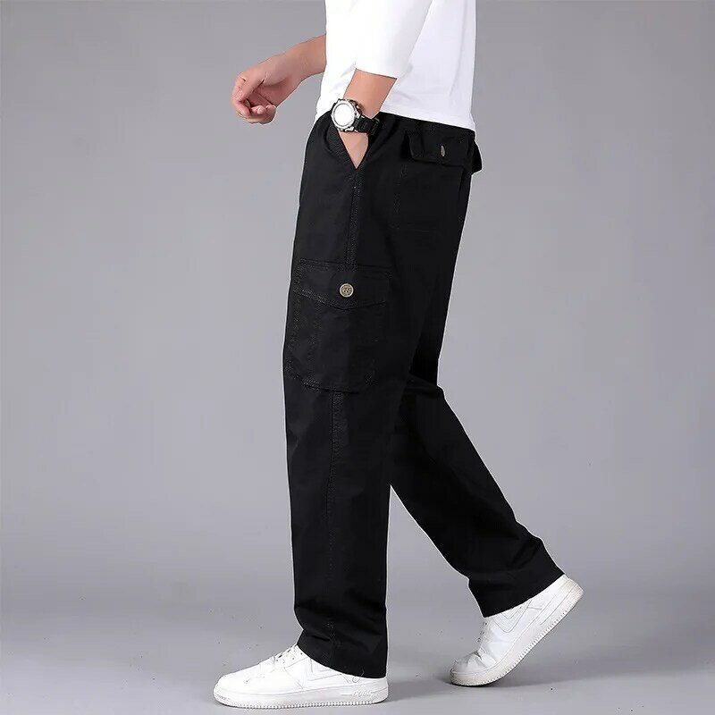 Celana panjang militer pria, celana kargo kasual longgar katun 6XL 2024, warna Solid multi-saku