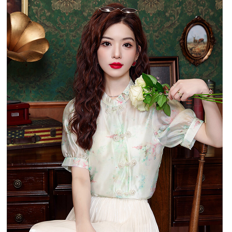 YCMYUNYAN-Blusa feminina de chiffon bordada flor, camisa manga curta, blusas de verão, tops soltos, roupas da moda, estilo chinês