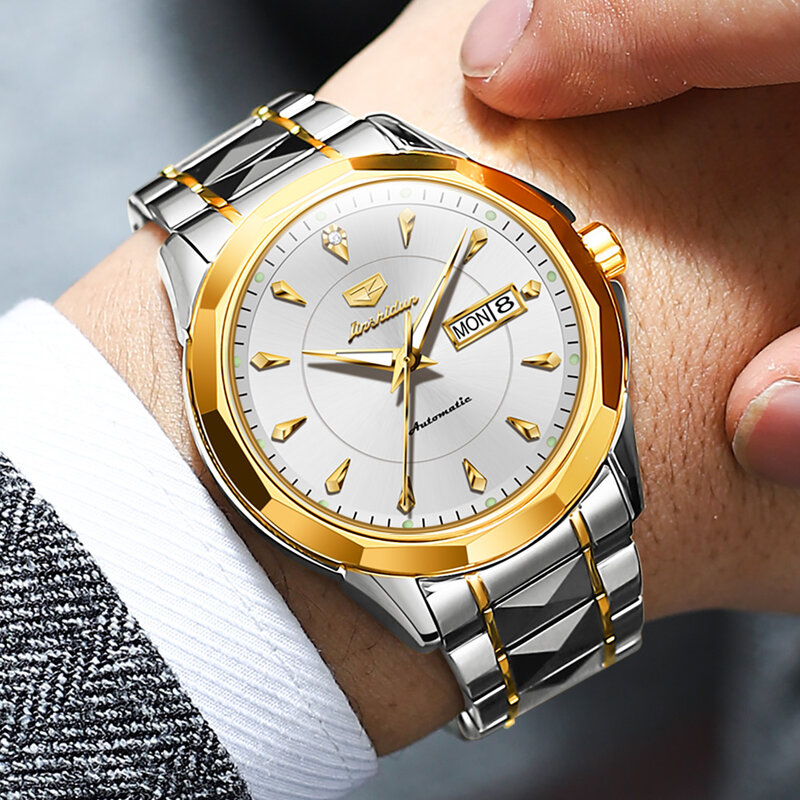 JSDUN-relojes mecánicos originales para hombre, pulsera de acero inoxidable, resistente al agua, dorado, con fecha, automático, genuino