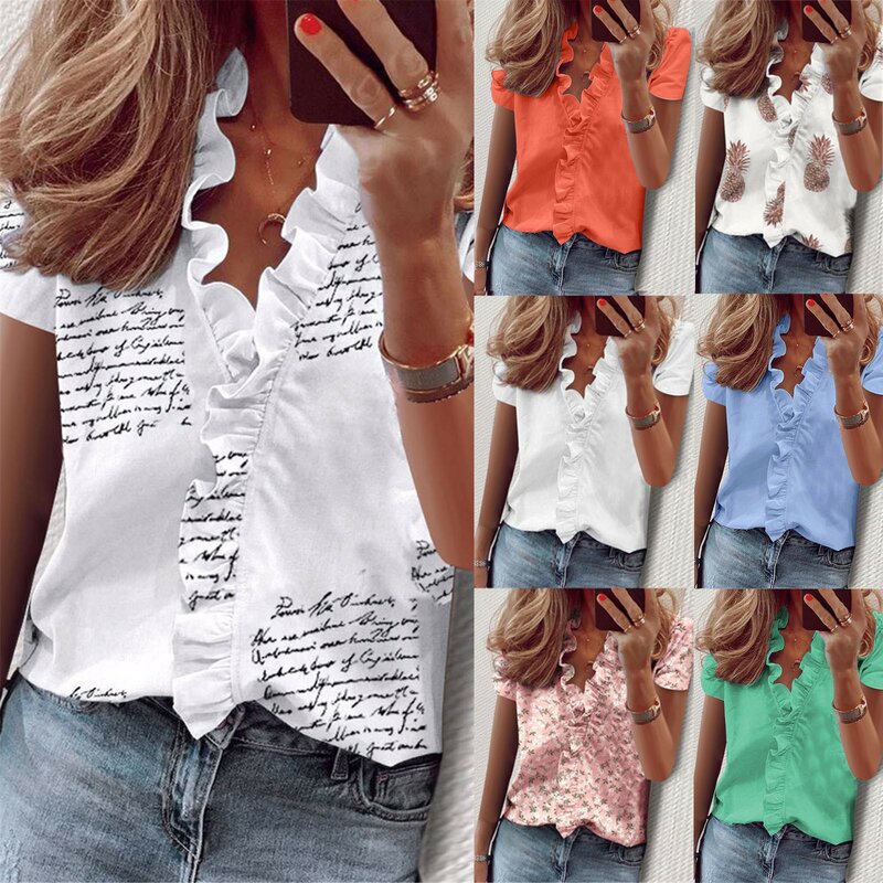 Print Blouse Women Chiffon Ruffles Solid Loose Fit Womens Tops And Blouses Casual V Neck Lantern Sleeve Plus Size Shirts Tunic