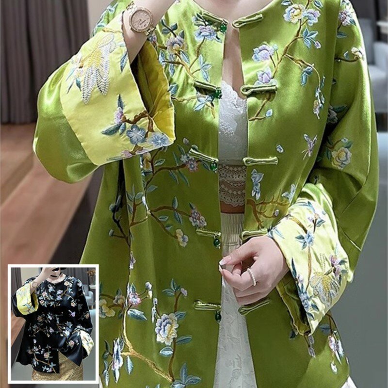 New Chinese Women's Acetate Embroidered Coat round Neck Multicolor Long Sleeve Improved National Style Cardigan