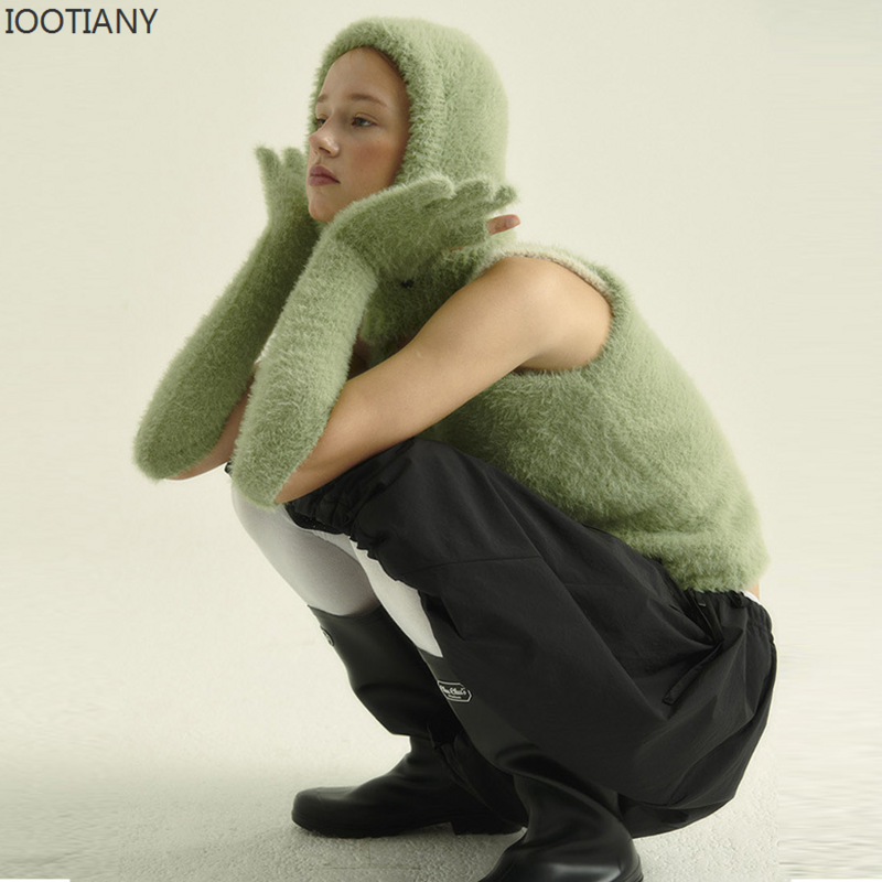 IOOTIFEY-Luvas femininas sem dedos com tela sensível ao toque, lã de malha, cor doce, estendidas, quentes, inverno, 2023