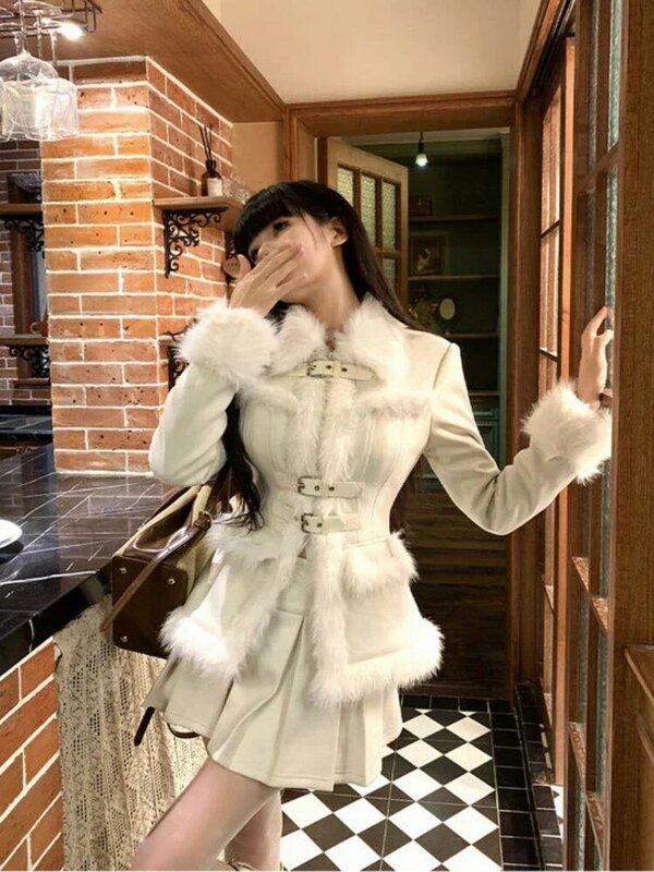 2024 Koreaanse Mode 2 Delige Sets Dames Casual Lange Mouwen Elegante Y 2K Winterjas + Kantoor Dame Lieve Korte Feestrok