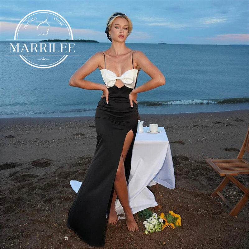Marrilee Beach Sexy Black Spaghetti Straps With Bow Stain Evening Dress High Side Slit Mermaid Sleeveless Floor Length Prom Gown